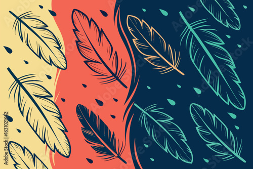 Stylized feathers and teardrops in a tri-color abstract background design pattern