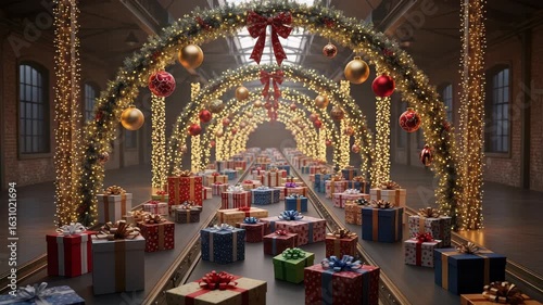 Magical Christmas Gifts Conveyor Belt in Festive Hall, A holiday wonderland and Christmas spirit