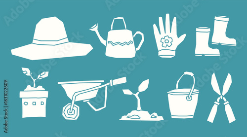 White Filled Gardening Icons Collection in a Cutout Style