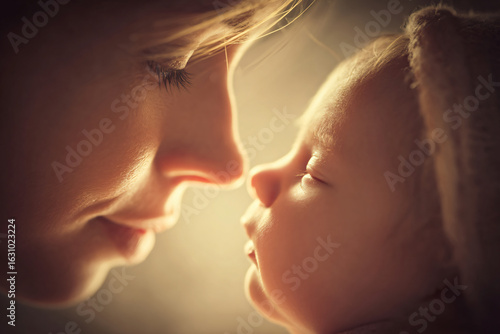 Maternal Embrace Affectionate Mother Baby Bond Close-Up Portrait Love Tenderness Family Connection Happiness Sweetness Peaceful Innocence Rosy Newborn Snuggle Warm Delicate Side-Profile 