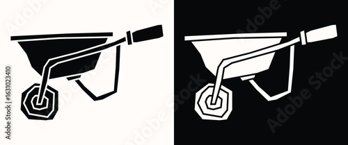 Black and White Filled Wheelbarrow Icon in a Cutout Style