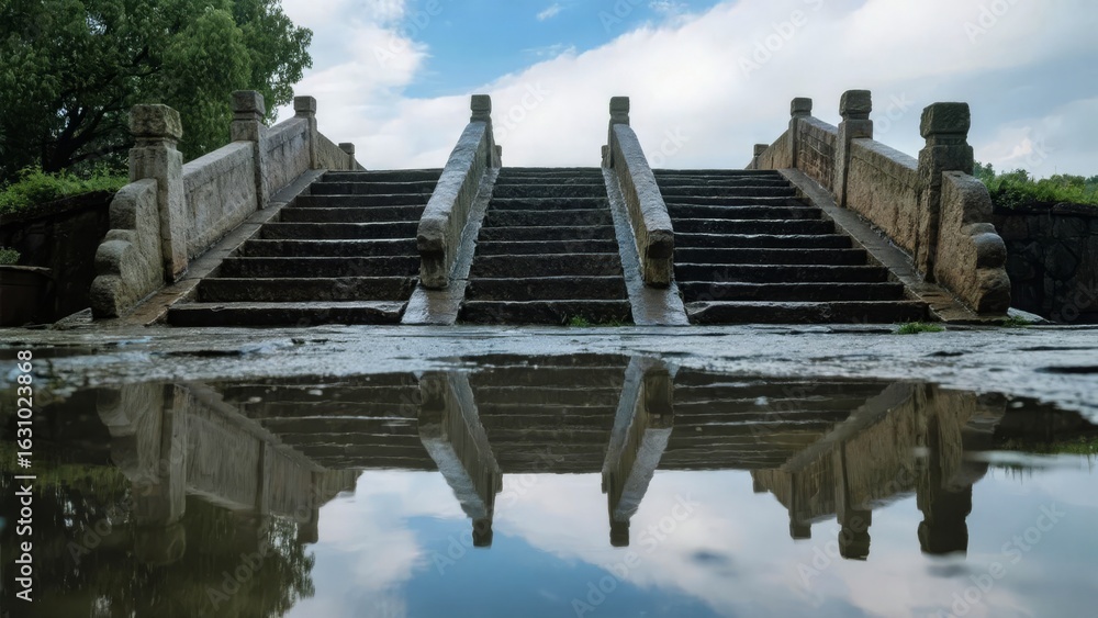 Fototapeta premium Stone Staircase Reflecting in Water Under a Blue Sky
