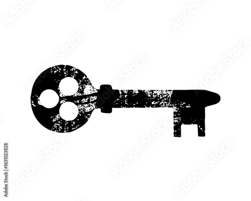 Vector Distressed black antique key with a circular head.