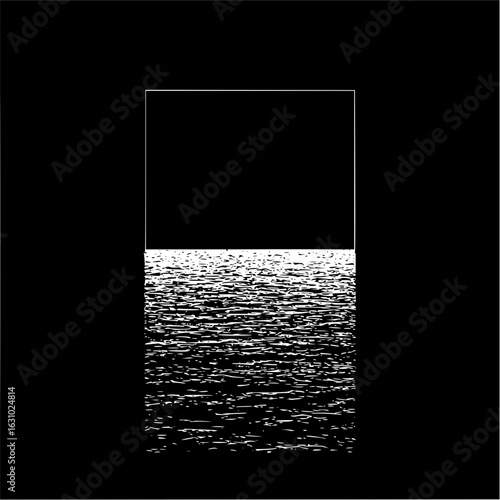 Abstract black and white water scene with a rectangular frame on the top section of image