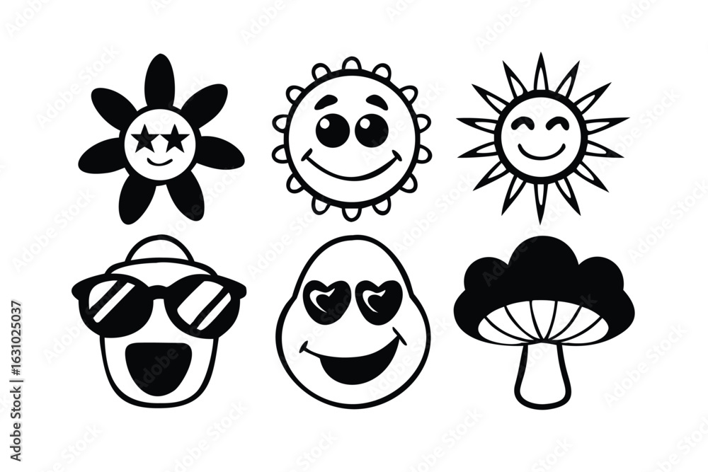 Fototapeta premium Groovy Retro Cartoon Mascot Vector Set. Cute 70s Style Smiley Face Illustrations