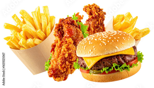 New Menu Announcement Banner Concept with Fast Food Items in mid-air on White background