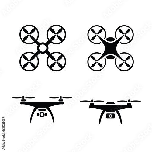 Illustration of four drone icons in black silhouette showing top and side views on a white background