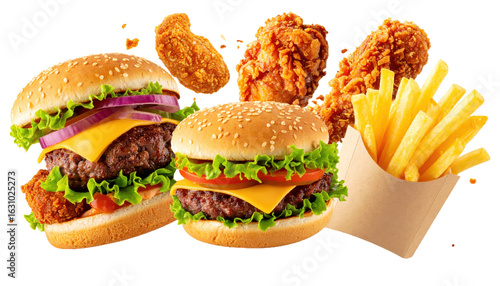 New Menu Announcement Banner Concept with Fast Food Items in mid-air on White background