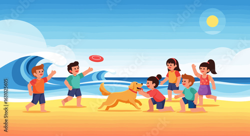 A diverse group of happy children and a golden retriever dog playing together with a red frisbee in a flat illustration style.