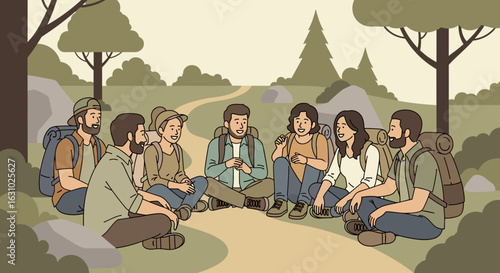 A diverse group of happy hikers with backpacks sitting in a circle resting and chatting together.