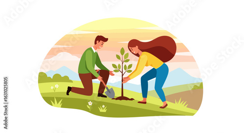 A smiling man and woman planting a young tree sapling together in a modern flat illustration style.