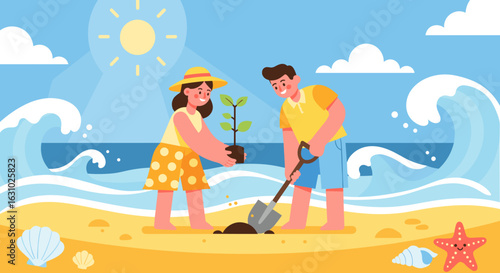 Cheerful couple in summer clothes planting a green sapling on a sandy beach.