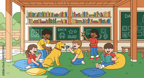 Cheerful diverse children and a golden retriever dog playing and learning in an openair classroom.