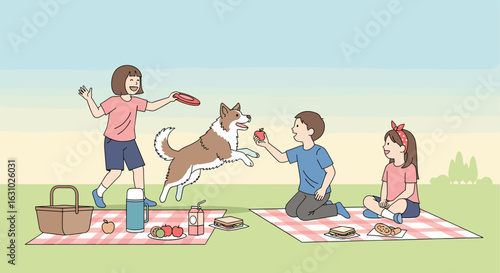 Happy children and their playful dog enjoying a fun picnic in a park illustration.