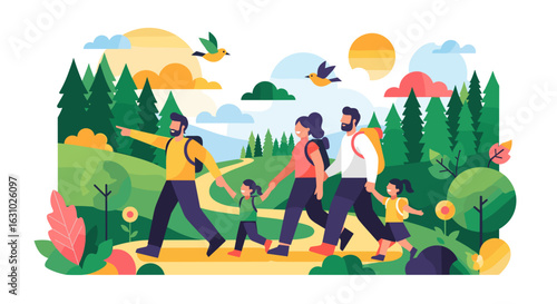 Happy family of four hiking on a scenic trail a flat vector illustration of parents and children with backpacks enjoying nature.