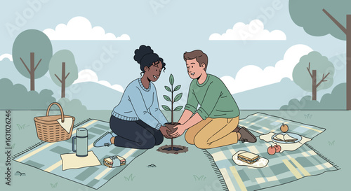 Smiling diverse couple planting a young tree sapling together during a romantic picnic in a park.
