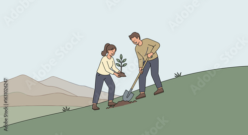 Smiling man and woman planting a sapling together on a green hill.