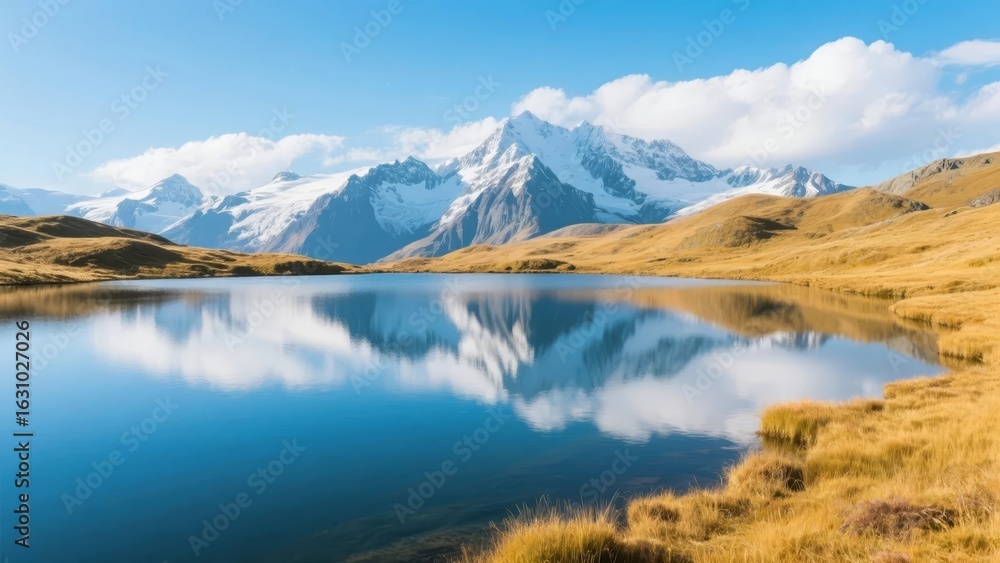 Fototapeta premium Serene Mountain Lake with Snow-Capped Peaks Reflection