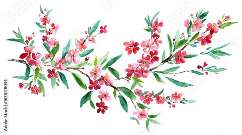 Wallpaper Mural A watercolor painting with pink and red camellias, green leaves on a white background, showing floral art and natural beauty. Torontodigital.ca