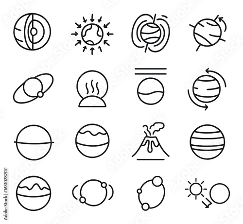 Collection of minimalist planetary and earth science icons on gray background