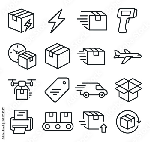 Shipping and delivery icons: package, speed, drone, airplane, conveyor