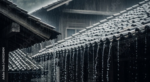 Heavy rain pours down on traditional tiled roofs, with water dripping from the eaves.