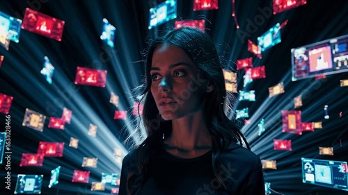 Woman surrounded by floating data screens. Use for AI, tech, data visualization, cyber security and digital marketing
