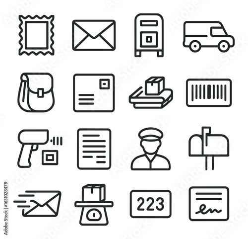 Postal and mail service icons including mailbox, letter, barcode, and delivery truck