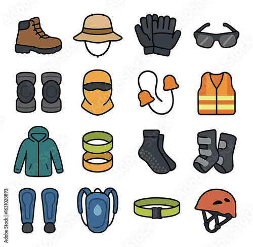 Essential outdoor safety gear collection featuring boots, gloves, helmet, vest, goggles