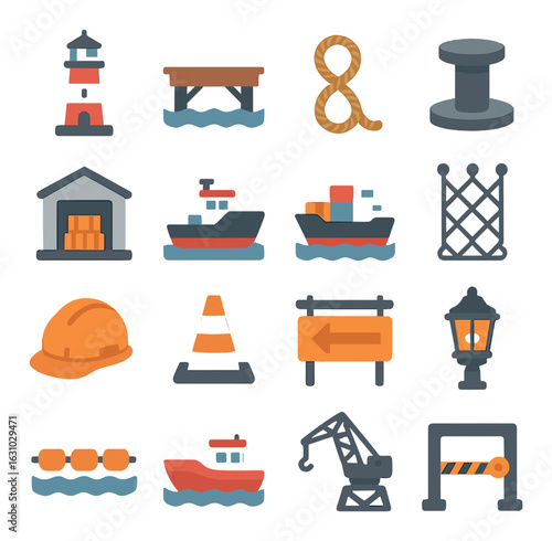 Colorful harbor icons: lighthouse, ships, cargo, crane, construction elements