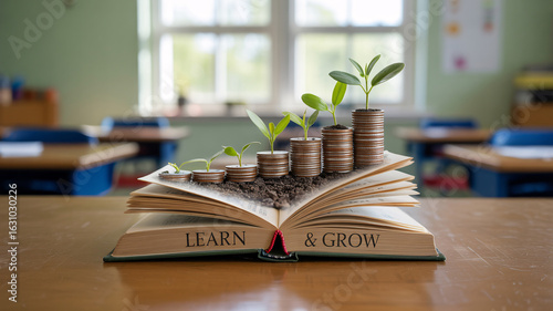 Wallpaper Mural Open book with coins and plants growing on it in a classroom setting education learning Torontodigital.ca