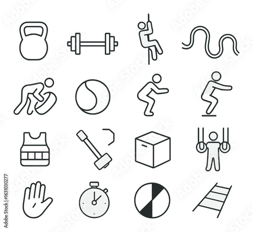 Diverse fitness icons set featuring kettlebell, barbell, and agility exercises