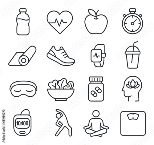 Healthy lifestyle icons: fitness, nutrition, wellness, exercise, mindfulness