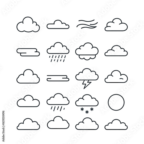 Weather icons set: clouds, rain, wind, snow, sun