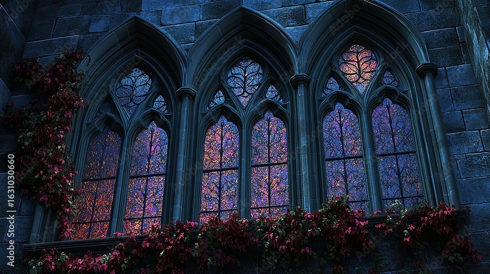 Fototapeta premium Enchanting Gothic Arched Windows with Vibrant Stained Glass and Crimson Ivy