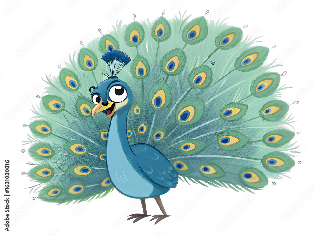 Fototapeta premium Cartoon peacock displaying its beautifully fanned tail feathers