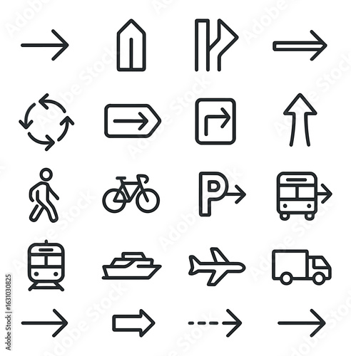 Transportation and direction icons: arrows, vehicles, signs collection