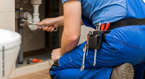 Professional plumber fixing bathroom sink pipe