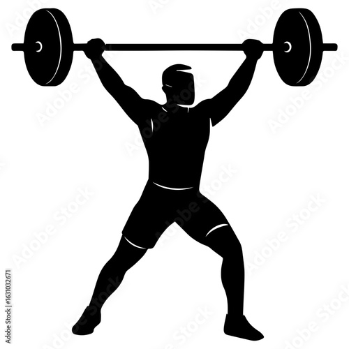 Weightlifter overhead press barbell icon with transparent background in black and white style

