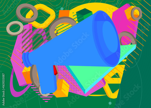 Megaphone geometrical graphic retro theme background. Minimal geometric elements. Vintage abstract shapes vector illustration.