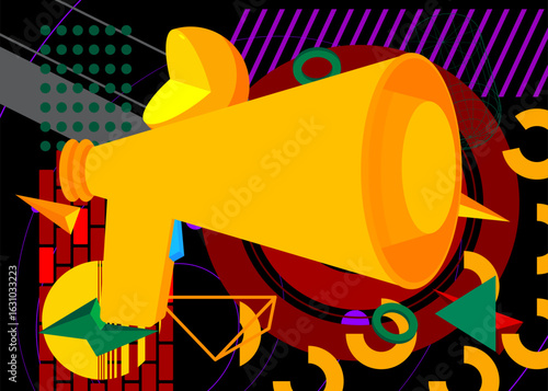 Megaphone geometrical graphic retro theme background. Minimal geometric elements. Vintage abstract shapes vector illustration.
