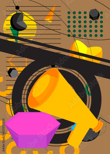 Megaphone geometrical graphic retro theme background. Minimal geometric elements. Vintage abstract shapes vector illustration.