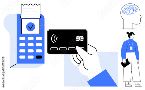 Hand holding wireless card near payment terminal with receipt, person standing with clipboard, brain outline. Ideal for fintech, security, technology, business, innovation, shopping education