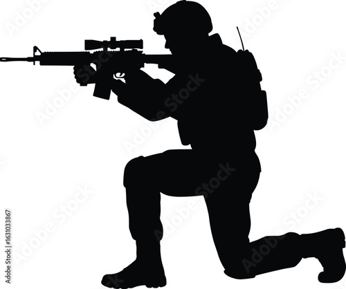 Silhouette of modern soldier kneeling with assault rifle, tactical sniper aiming position, armed military forces, combat mission, war training, vector illustration isolated background