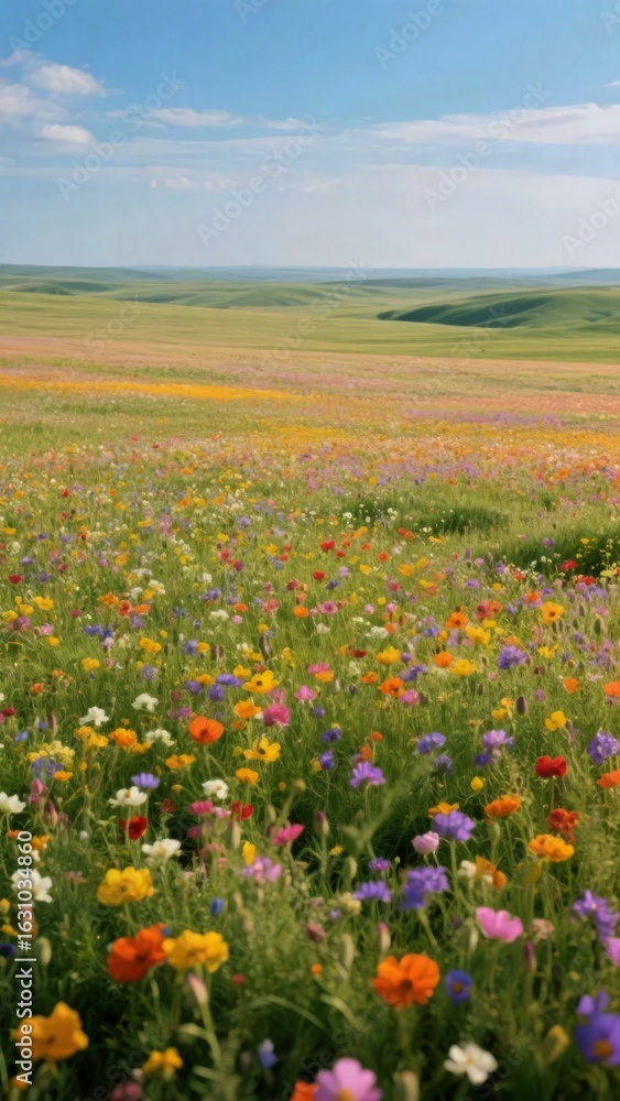 Obraz premium Vibrant Wildflower Meadow Under a Clear Blue Sky
