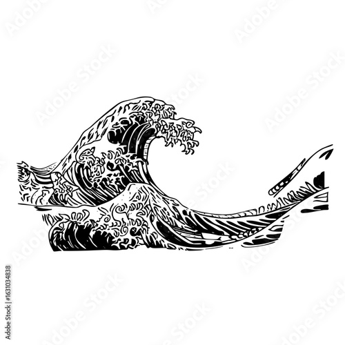 Vector Dynamic ocean wave features swirling crests and stylized water shapes.
