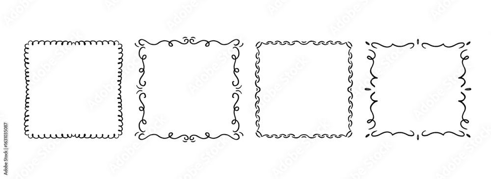 Square hand drawn wavy frame set. Black ribbon border collection. Vector doodled curl cadre frame bundle. Curved squiggly border pack for invitation, wedding party, birthday, greeting card design