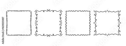 Square hand drawn wavy frame set. Black ribbon border collection. Vector doodled curl cadre frame bundle. Curved squiggly border pack for invitation, wedding party, birthday, greeting card design
