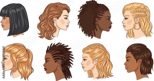 Diverse collection of women s hairstyles and portraits in profile view
