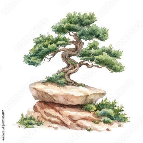 Watercolor Bonsai Tree png  Vector Illustration on a Rock Formation with Green Foliage Art